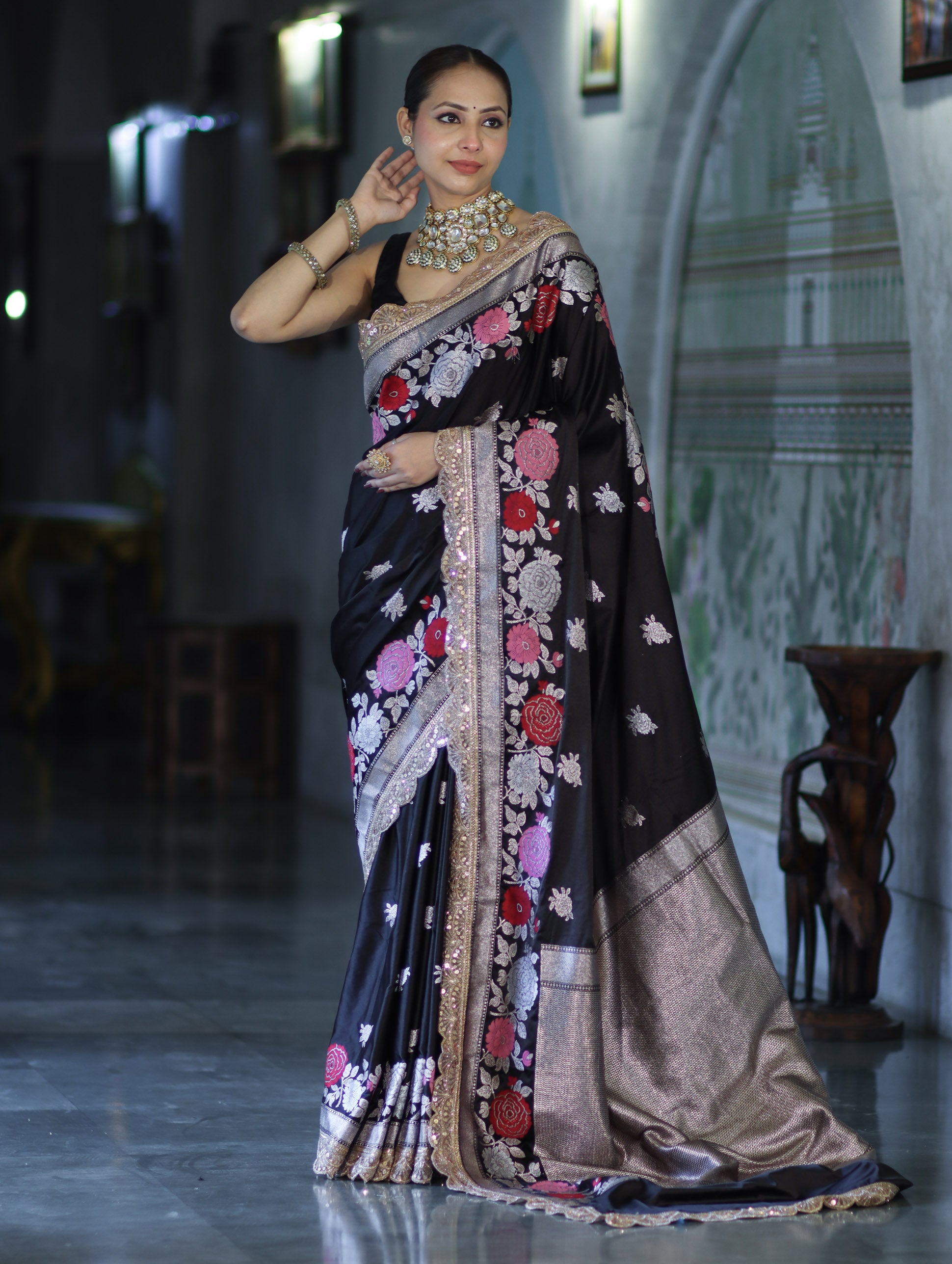 Banarasee Mashru Silk Saree With Zari Embroidery Floral Border & Lace-Black