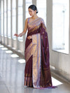 Banarasee Handloom Semi Silk Saree With Buti Design & Contrast Zari Border-Burgundy