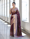 Banarasee Handloom Semi Silk Saree With Buti Design & Contrast Zari Border-Burgundy