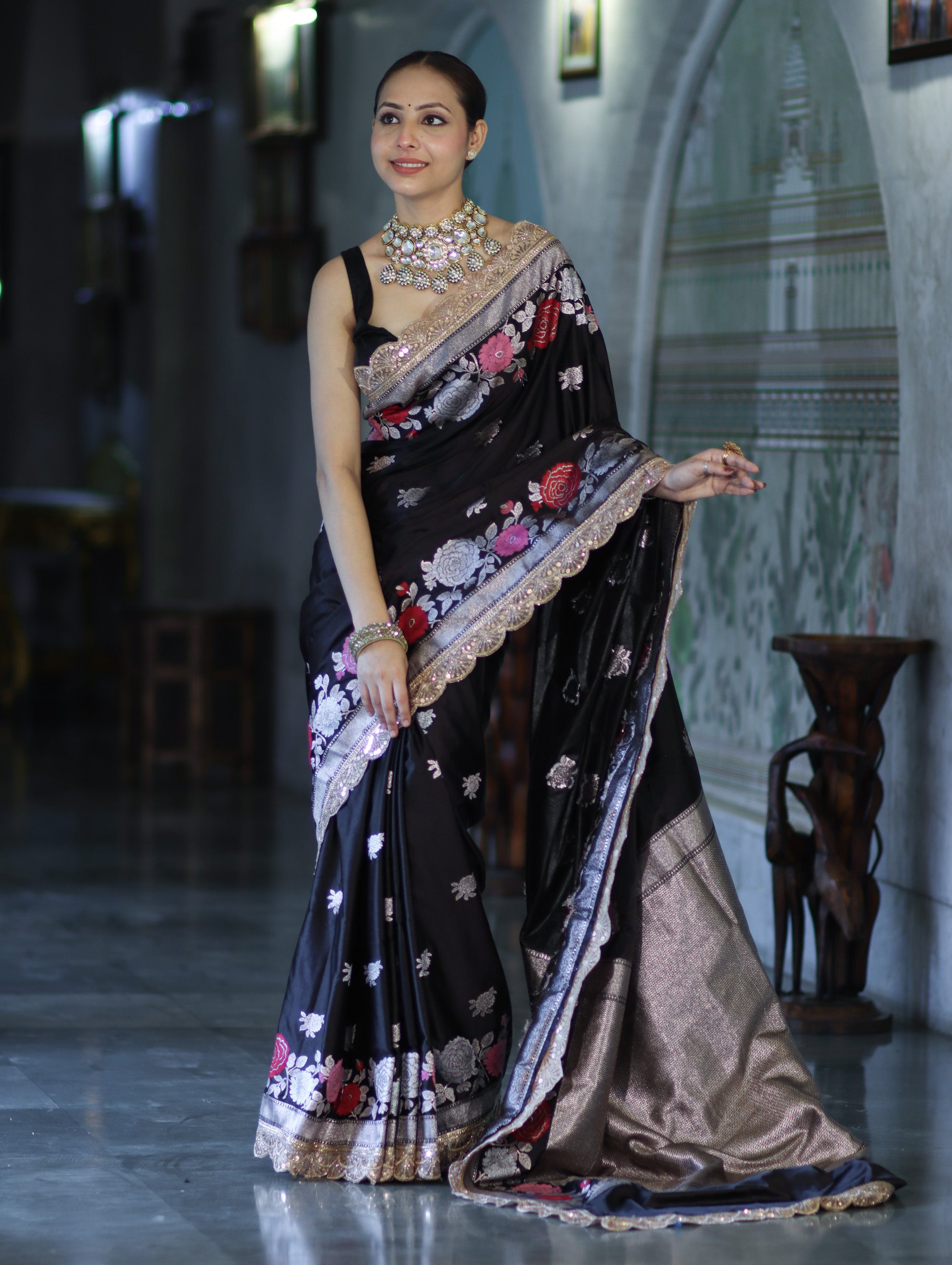 Banarasee Mashru Silk Saree With Zari Embroidery Floral Border & Lace-Black