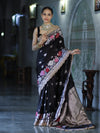 Banarasee Mashru Silk Saree With Zari Embroidery Floral Border & Lace-Black