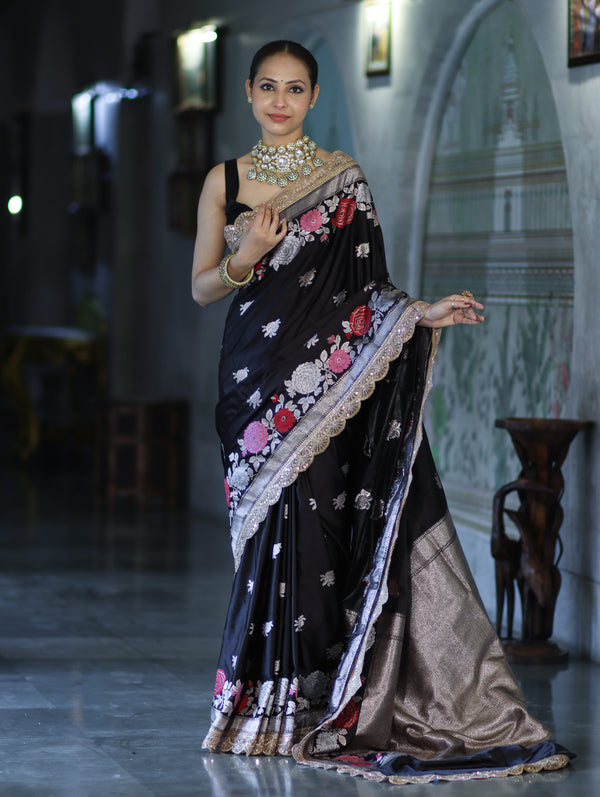 Banarasee Mashru Silk Saree With Zari Embroidery Floral Border & Lace-Black
