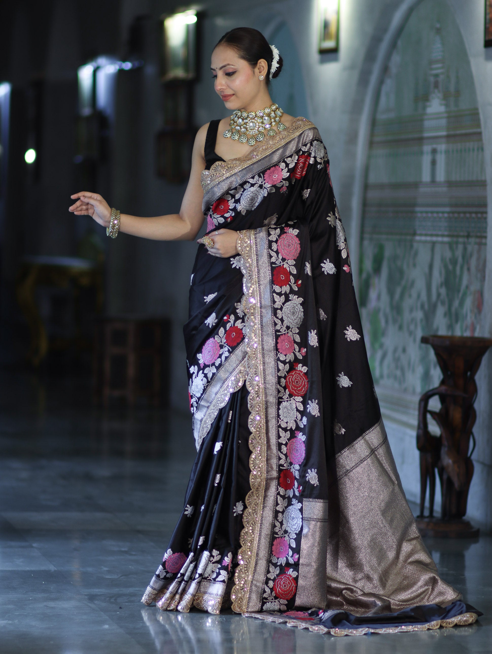 Banarasee Mashru Silk Saree With Zari Embroidery Floral Border & Lace-Black