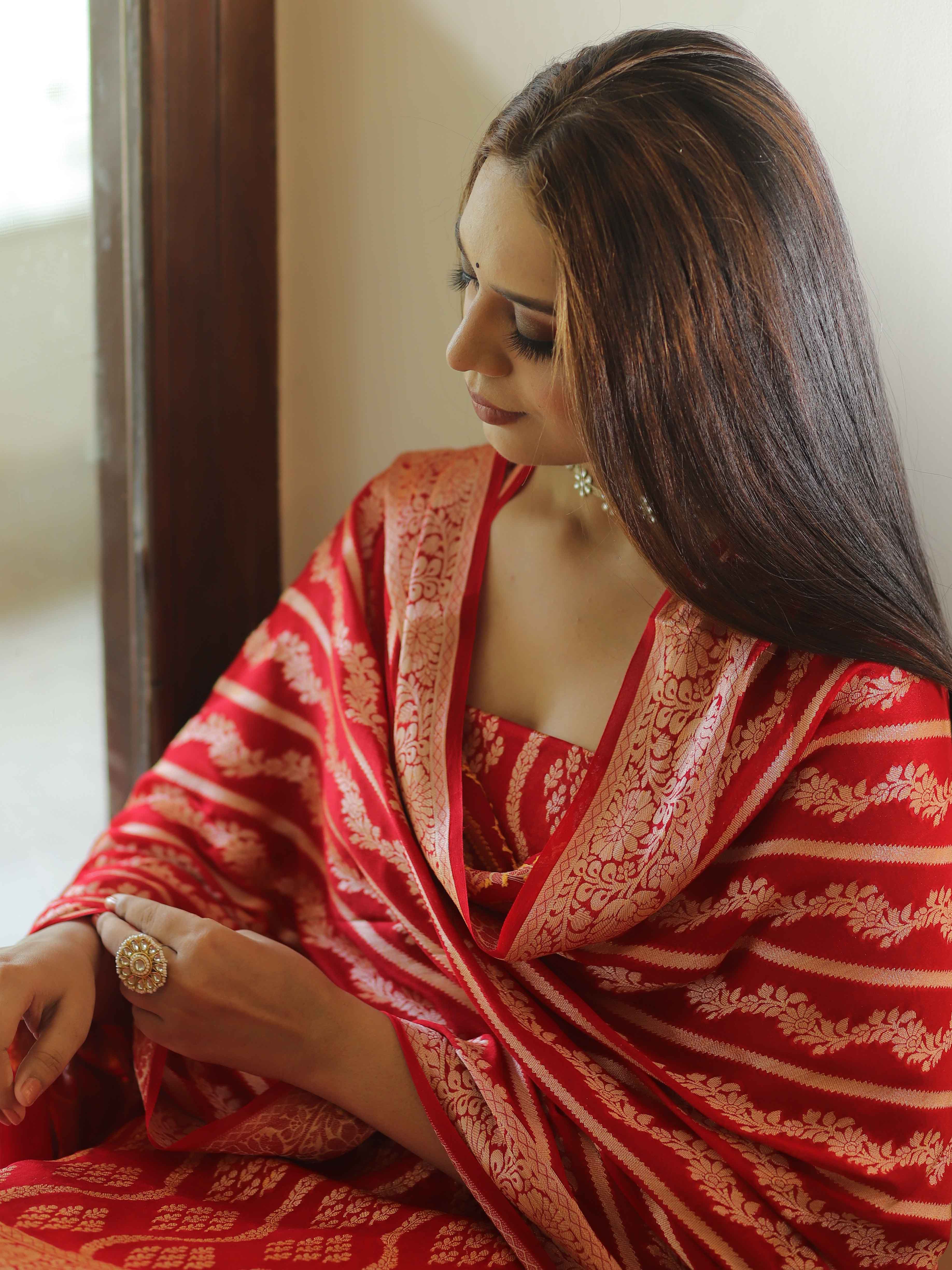 Banarasee Handloom Pure Chiffon Silk Kameez Fabric With Dupatta-Red