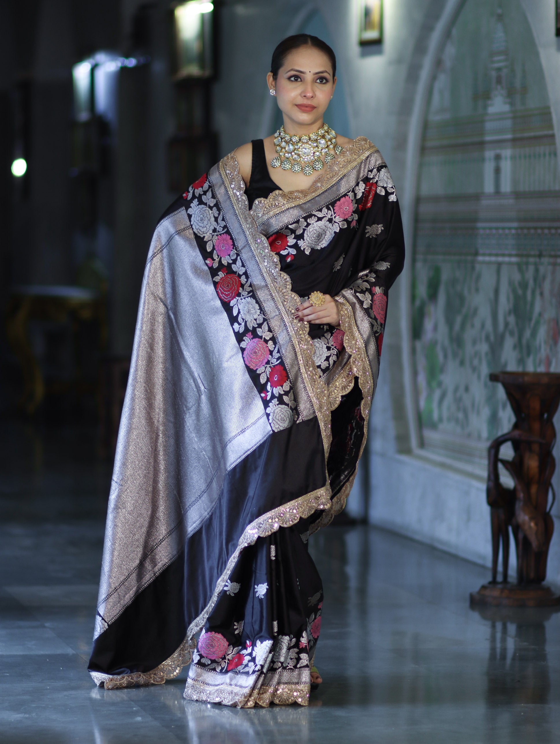Banarasee Mashru Silk Saree With Zari Embroidery Floral Border & Lace-Black