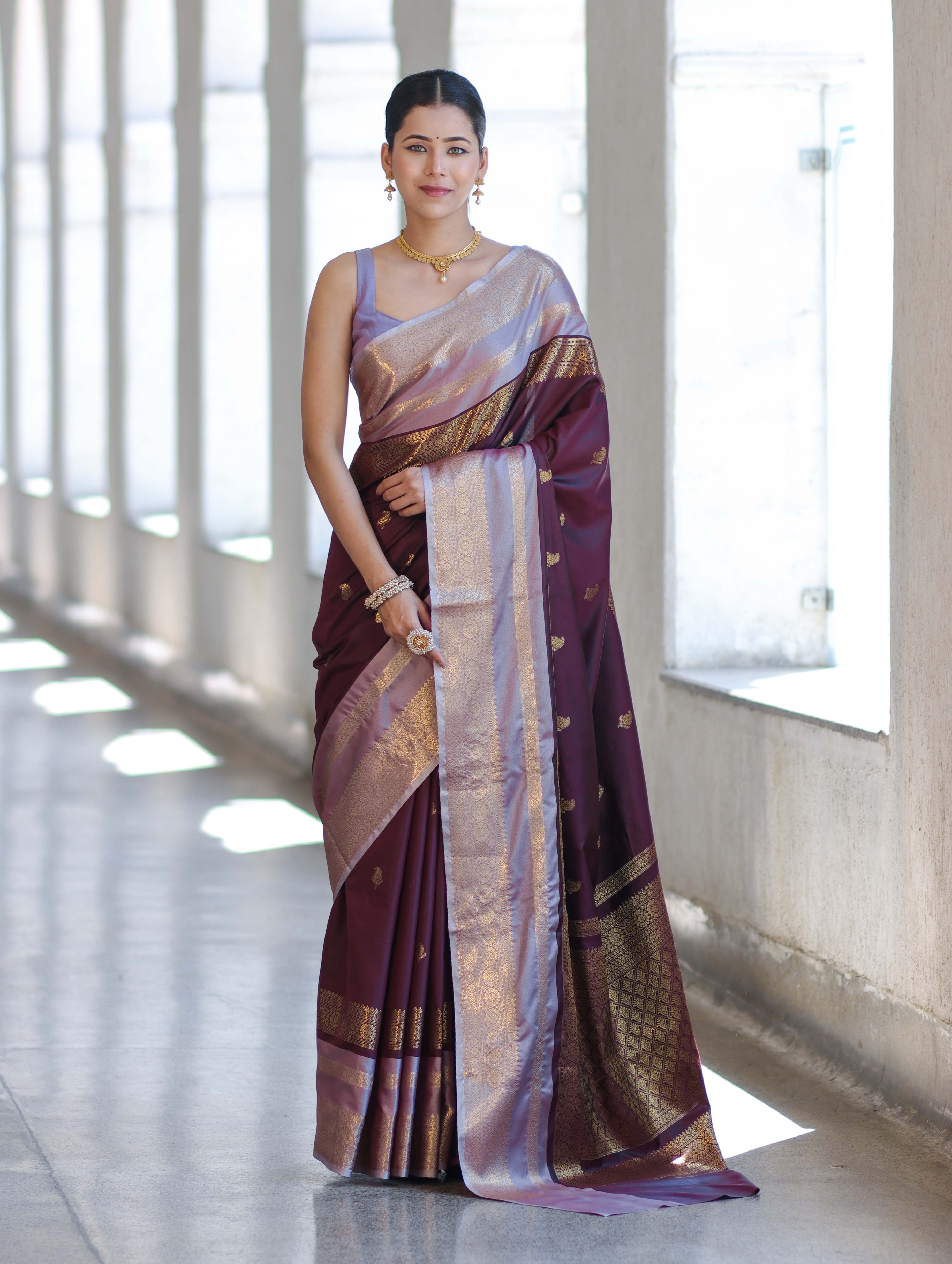 Banarasee Handloom Semi Silk Saree With Buti Design & Contrast Zari Border-Burgundy
