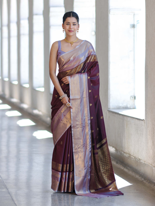 Banarasee Handloom Semi Silk Saree With Buti Design & Contrast Zari Border-Burgundy