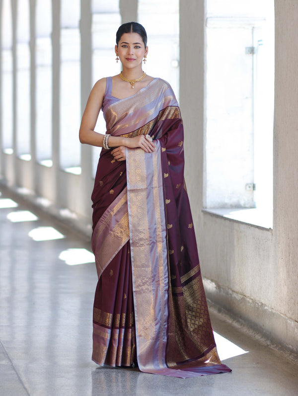 Banarasee Handloom Semi Silk Saree With Buti Design & Contrast Zari Border-Burgundy