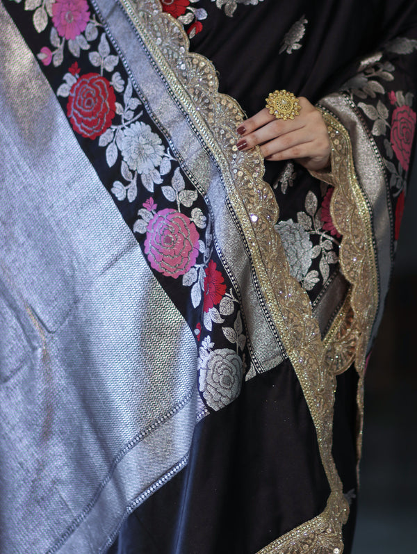 Banarasee Mashru Silk Saree With Zari Embroidery Floral Border & Lace-Black