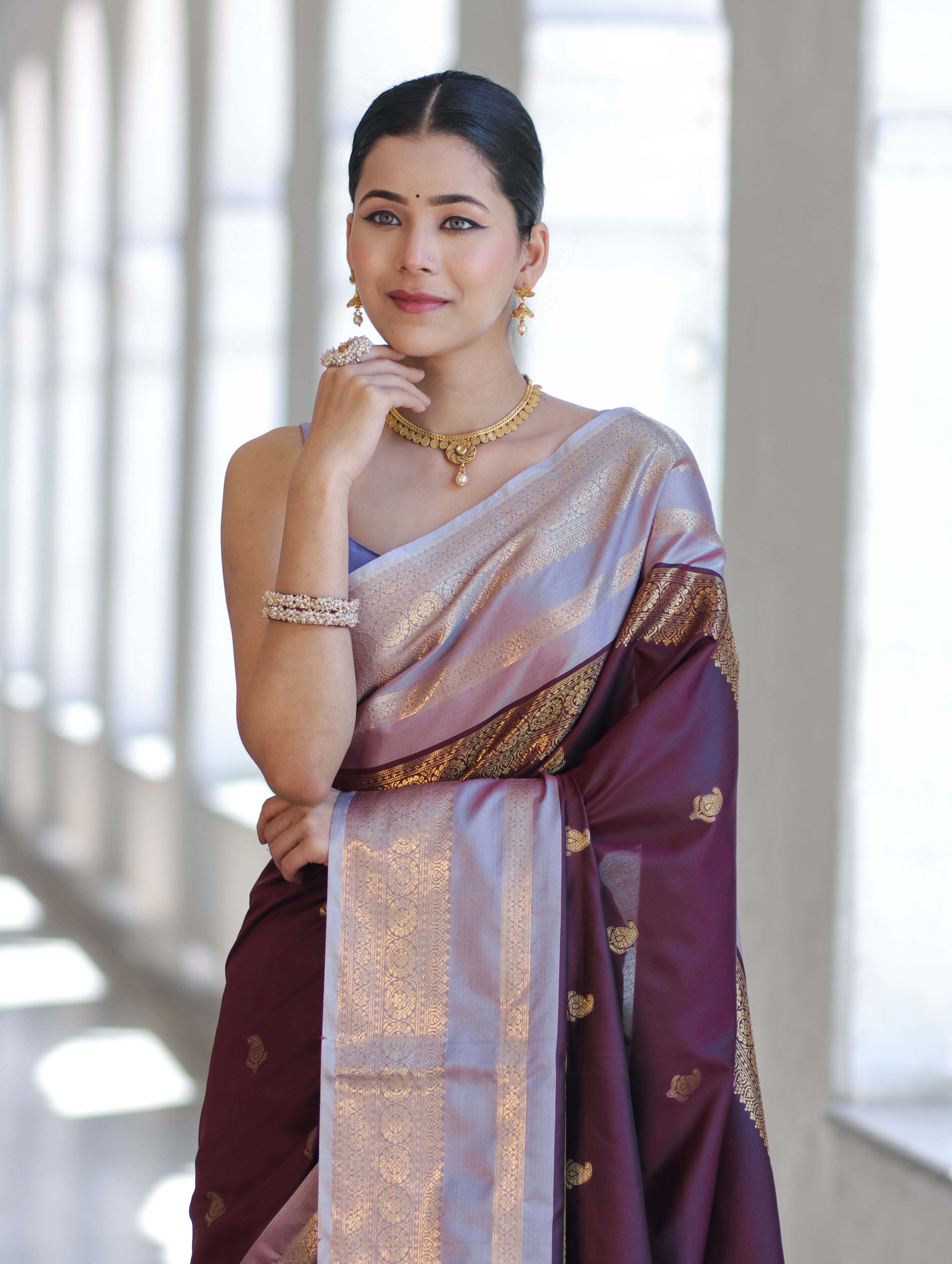 Banarasee Handloom Semi Silk Saree With Buti Design & Contrast Zari Border-Burgundy