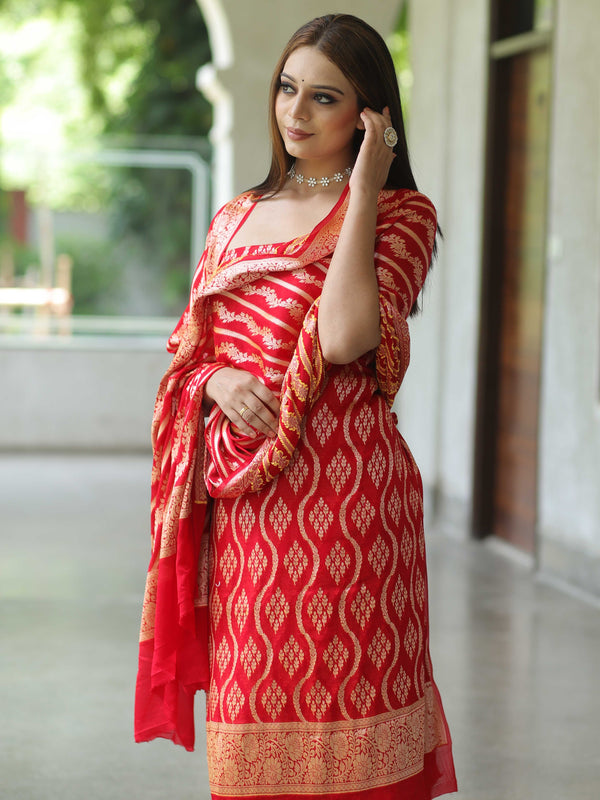 Banarasee Handloom Pure Chiffon Silk Kameez Fabric With Dupatta-Red