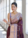 Banarasee Handloom Semi Silk Saree With Buti Design & Contrast Zari Border-Burgundy