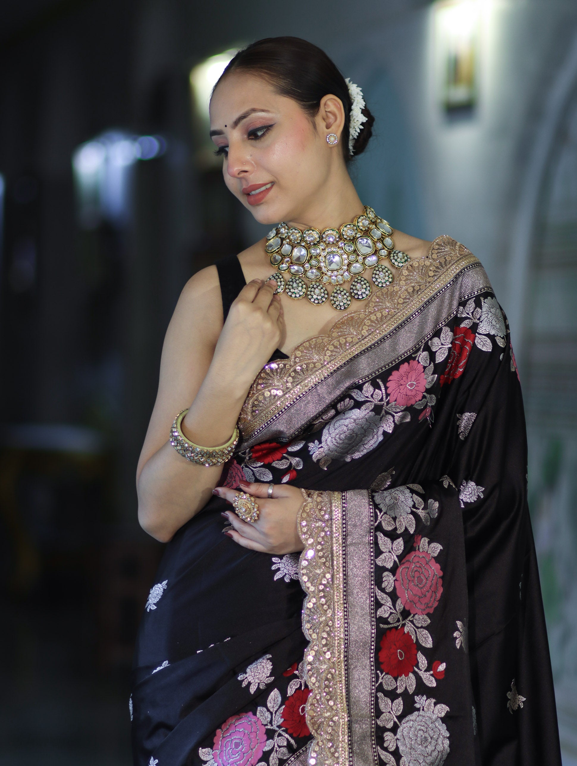 Banarasee Mashru Silk Saree With Zari Embroidery Floral Border & Lace-Black