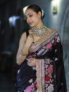 Banarasee Mashru Silk Saree With Zari Embroidery Floral Border & Lace-Black