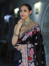 Banarasee Mashru Silk Saree With Zari Embroidery Floral Border & Lace-Black