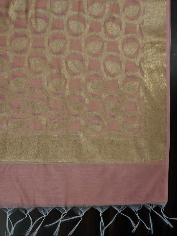 Banarasee Cotton Silk Dupatta With Zari Woven Jaal Design-Peach