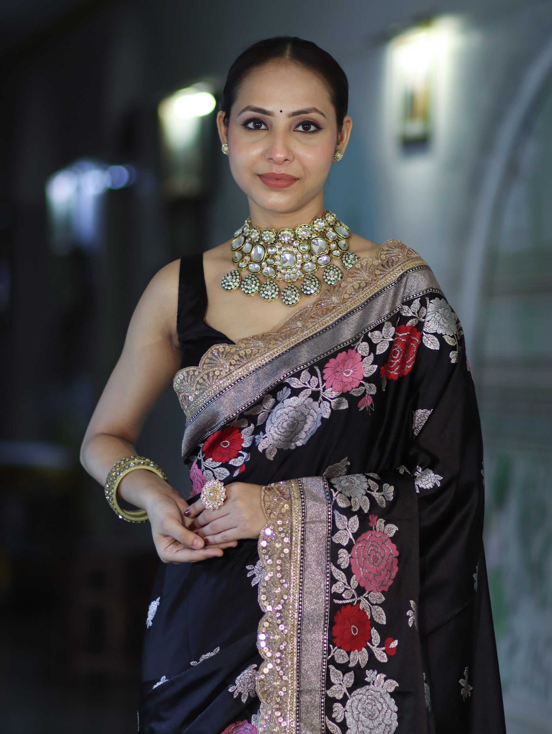 Banarasee Mashru Silk Saree With Zari Embroidery Floral Border & Lace-Black