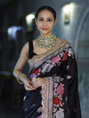 Banarasee Mashru Silk Saree With Zari Embroidery Floral Border & Lace-Black