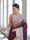 Banarasee Handloom Semi Silk Saree With Buti Design & Contrast Zari Border-Burgundy