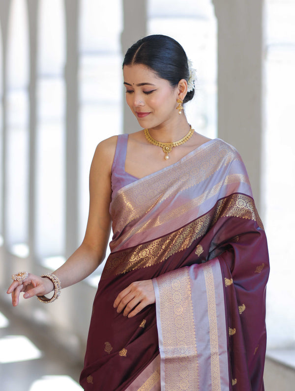 Banarasee Handloom Semi Silk Saree With Buti Design & Contrast Zari Border-Burgundy