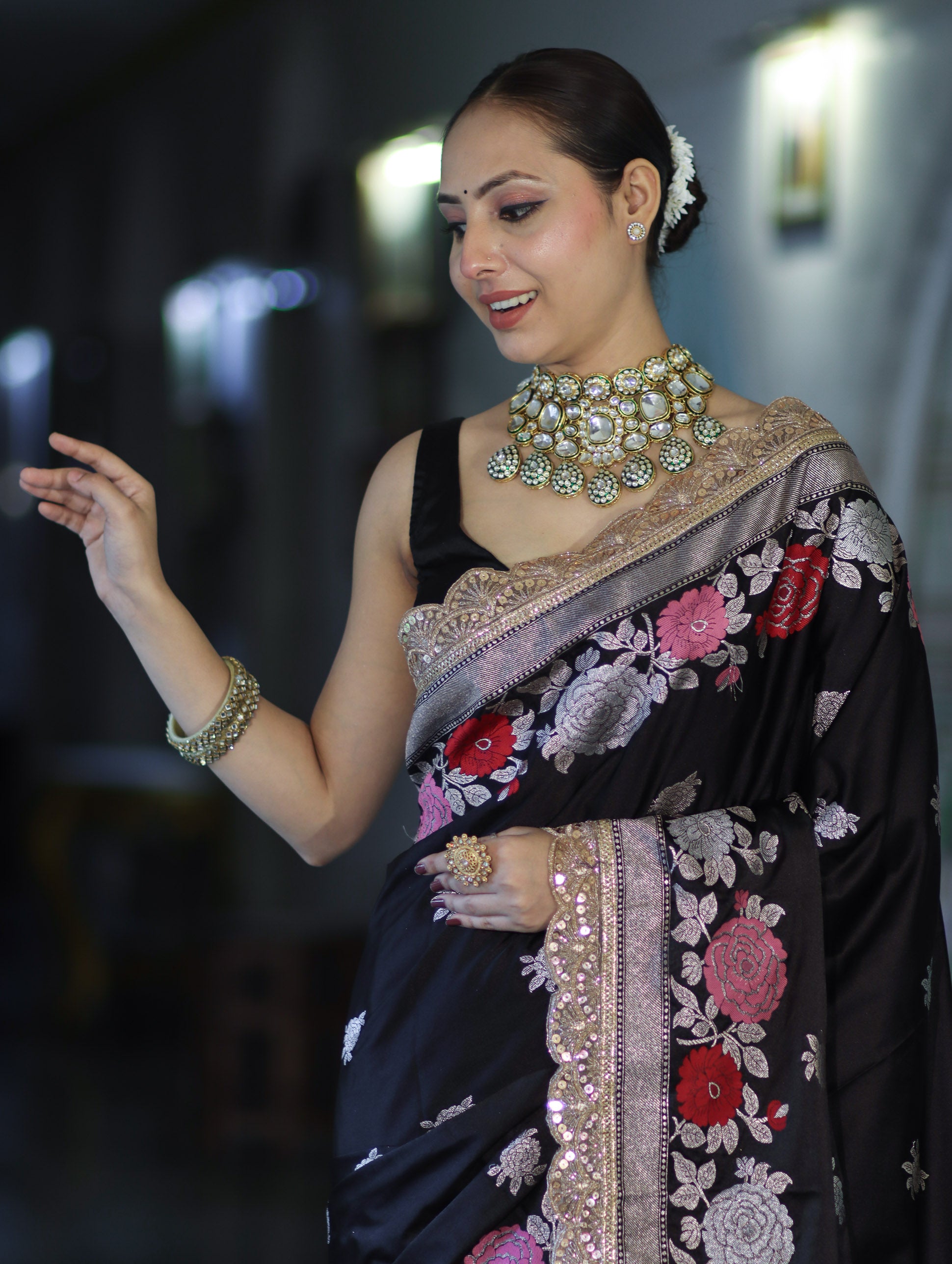Banarasee Mashru Silk Saree With Zari Embroidery Floral Border & Lace-Black
