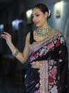 Banarasee Mashru Silk Saree With Zari Embroidery Floral Border & Lace-Black