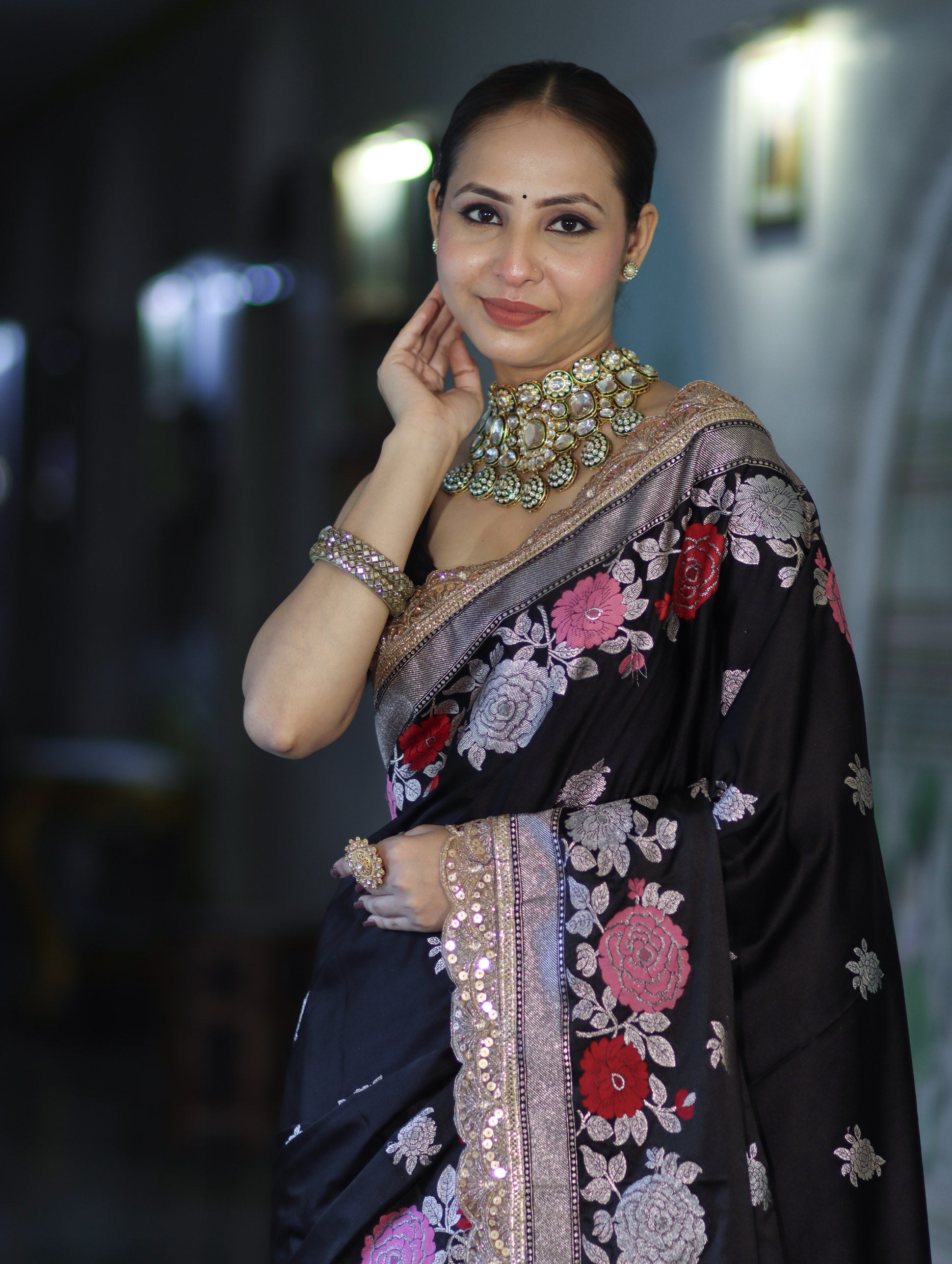 Banarasee Mashru Silk Saree With Zari Embroidery Floral Border & Lace-Black
