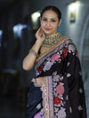 Banarasee Mashru Silk Saree With Zari Embroidery Floral Border & Lace-Black