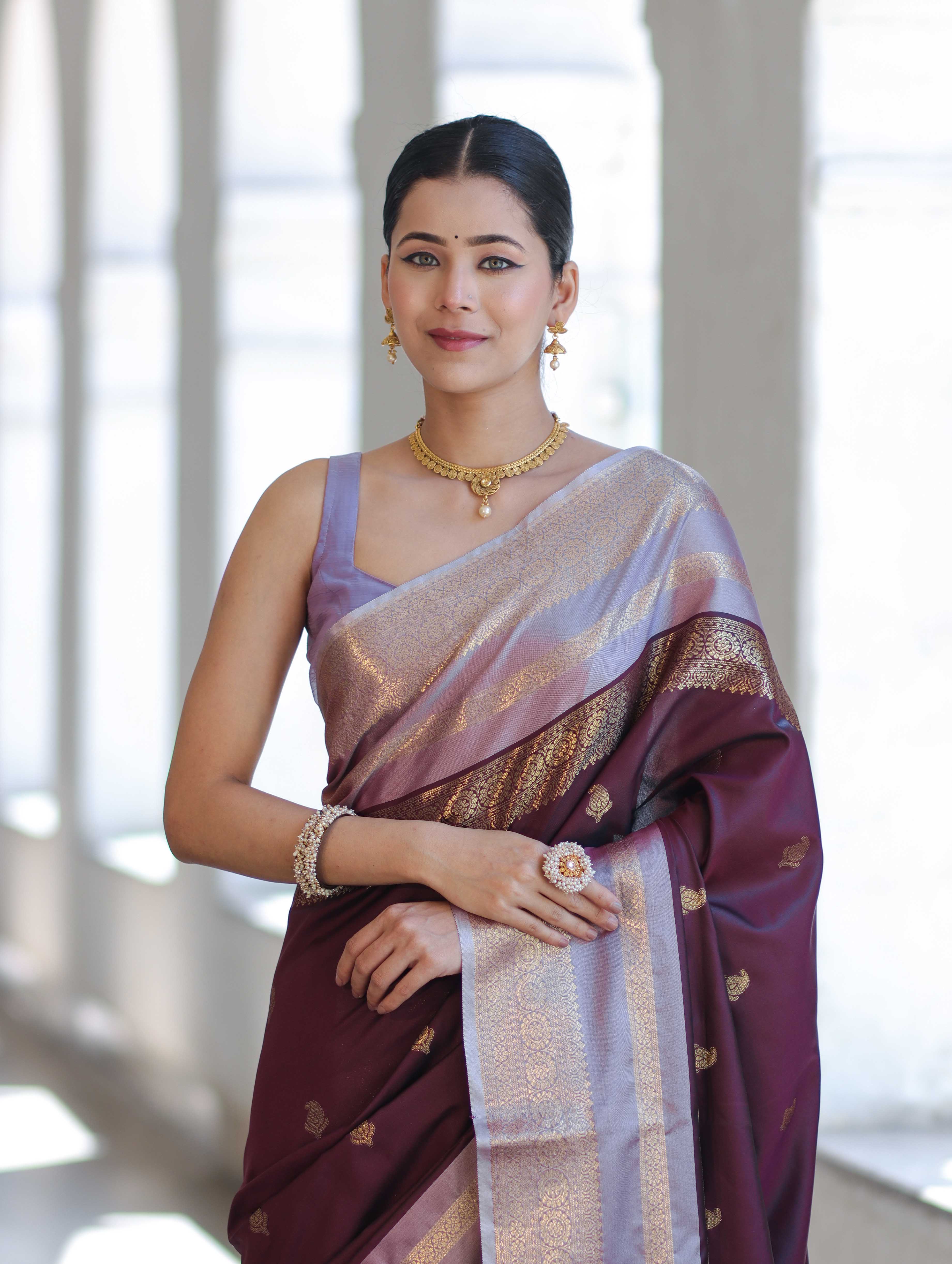 Banarasee Handloom Semi Silk Saree With Buti Design & Contrast Zari Border-Burgundy