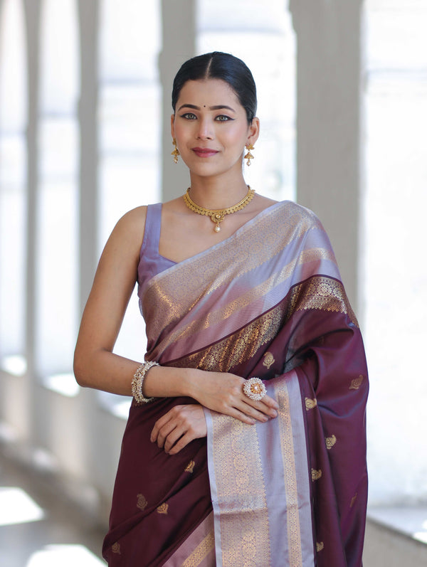 Banarasee Handloom Semi Silk Saree With Buti Design & Contrast Zari Border-Burgundy