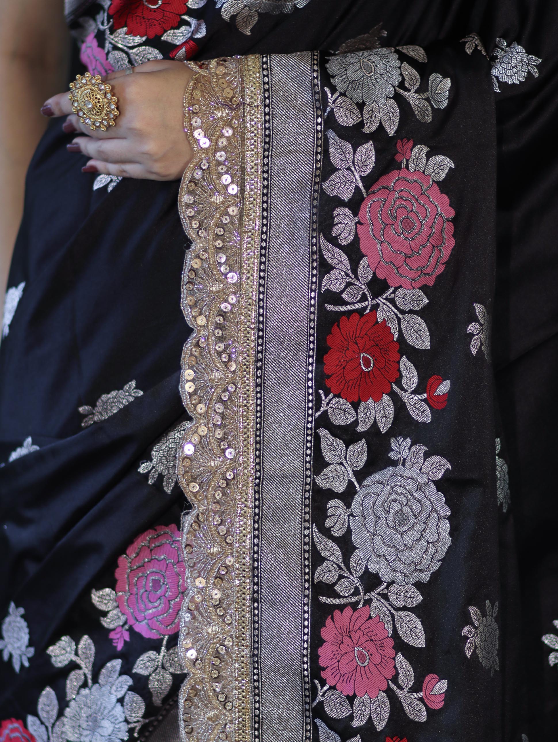 Banarasee Mashru Silk Saree With Zari Embroidery Floral Border & Lace-Black