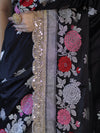 Banarasee Mashru Silk Saree With Zari Embroidery Floral Border & Lace-Black
