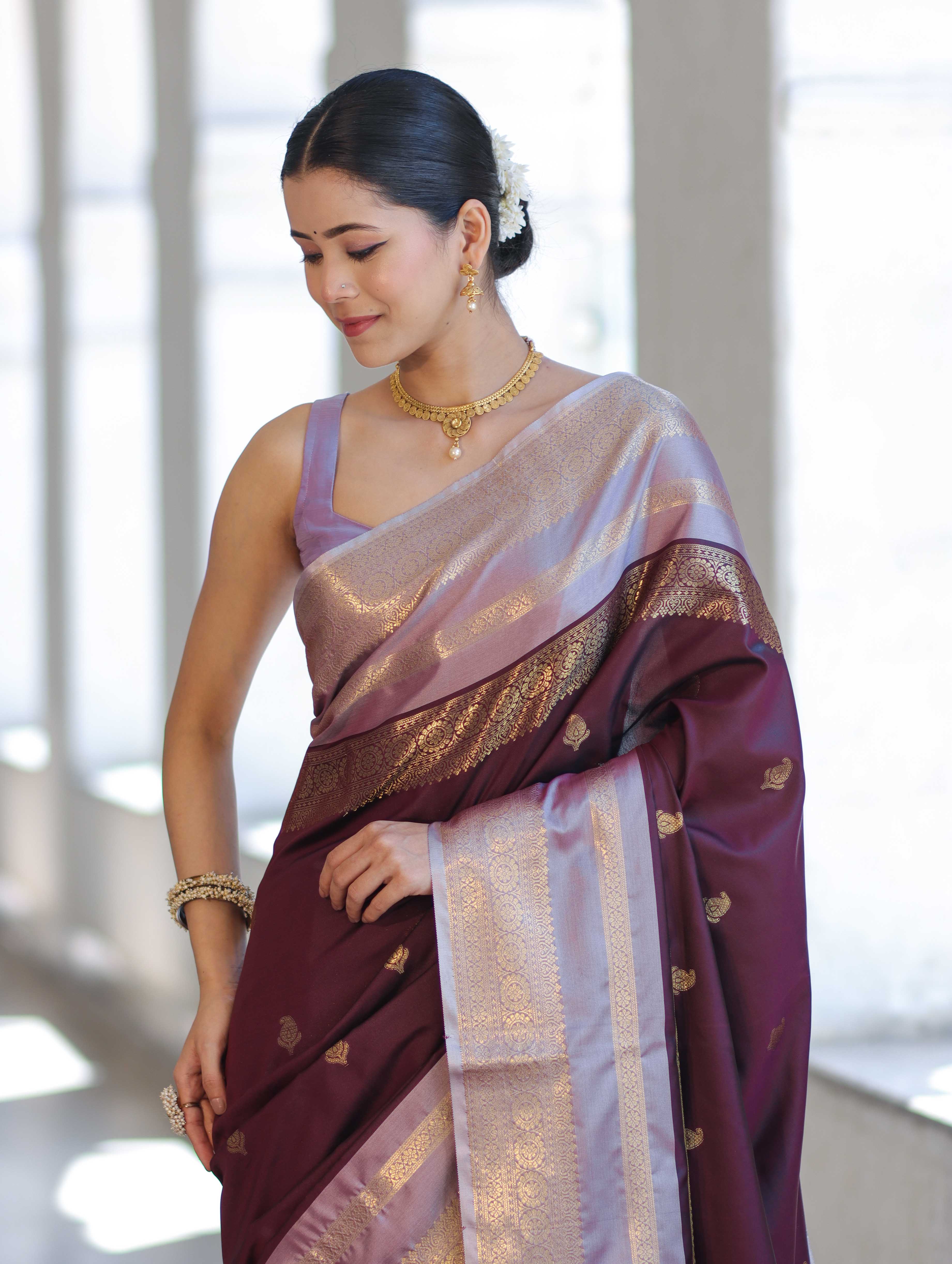Banarasee Handloom Semi Silk Saree With Buti Design & Contrast Zari Border-Burgundy
