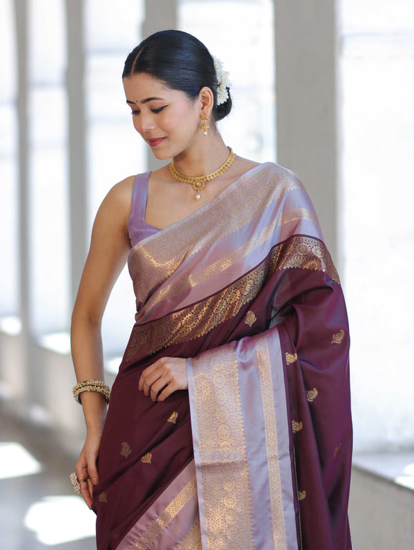Banarasee Handloom Semi Silk Saree With Buti Design & Contrast Zari Border-Burgundy