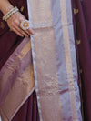 Banarasee Handloom Semi Silk Saree With Buti Design & Contrast Zari Border-Burgundy