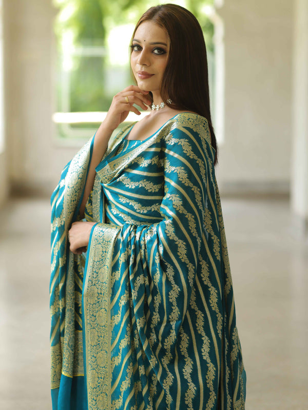 Banarasee Handloom Pure Chiffon Silk Kameez Fabric With Dupatta-Teal Blue