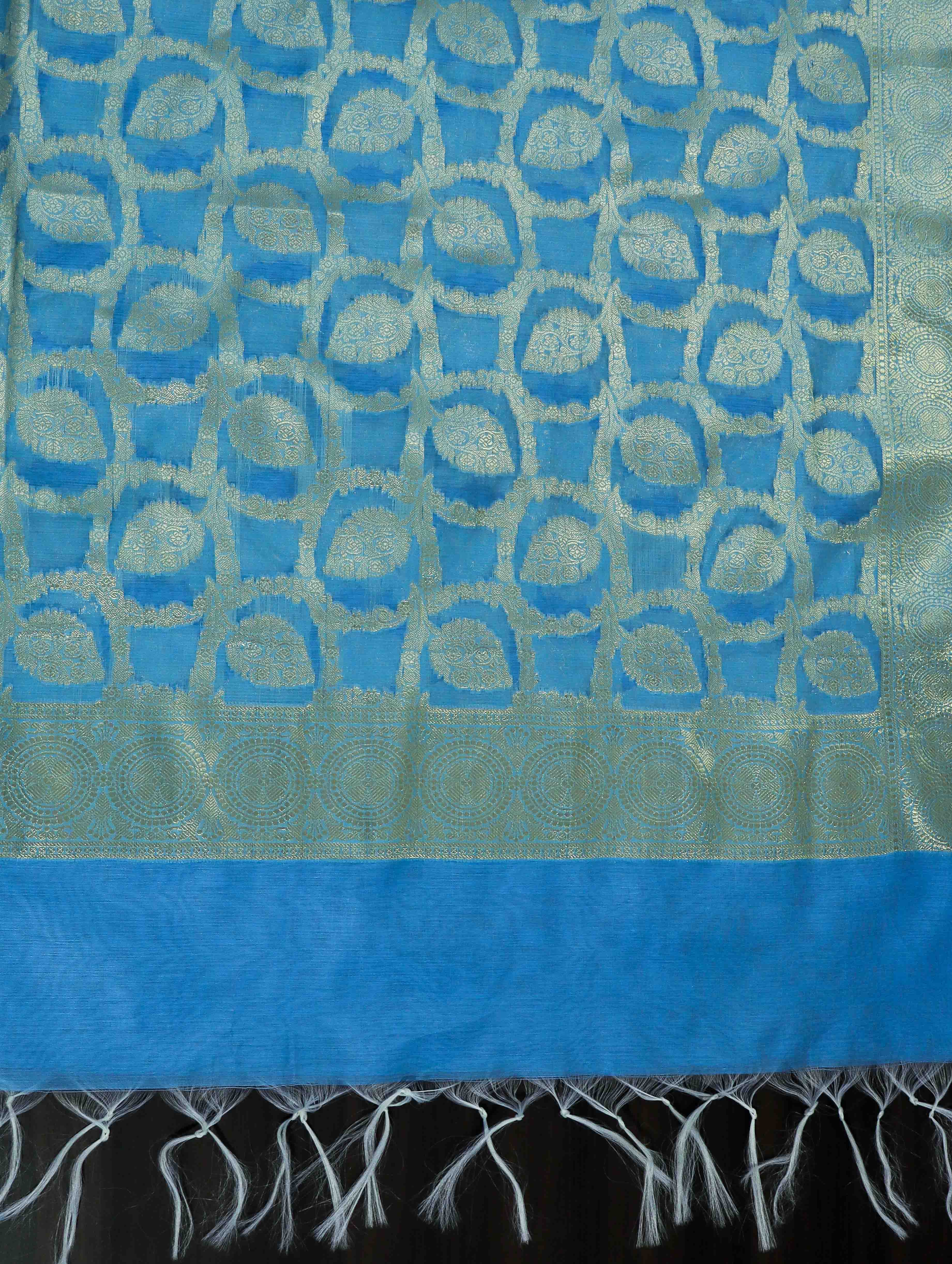 Banarasee Cotton Silk Dupatta With Zari Woven Jaal Design-Sky Blue