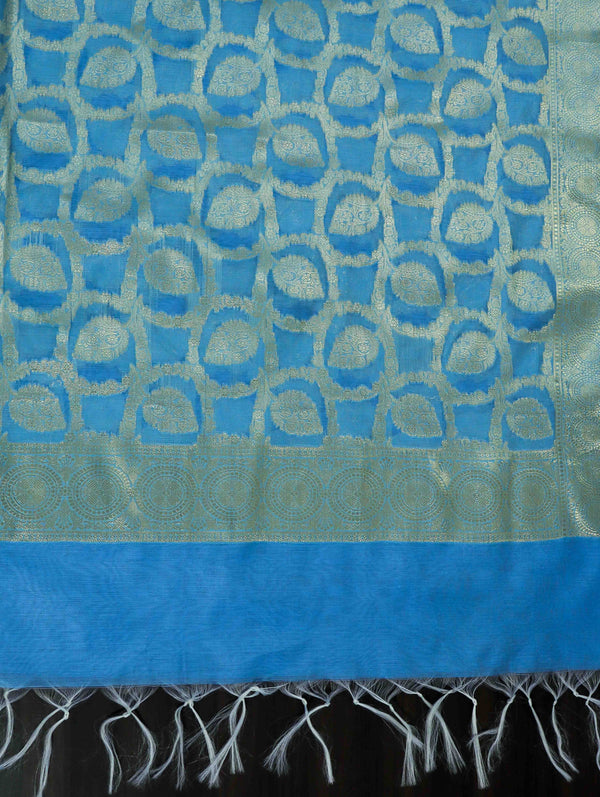 Banarasee Cotton Silk Dupatta With Zari Woven Jaal Design-Sky Blue