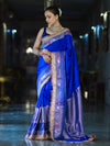 Banarasee Handloom Mashru Silk Saree With Meenadar Skirt Border & Lace-Blue