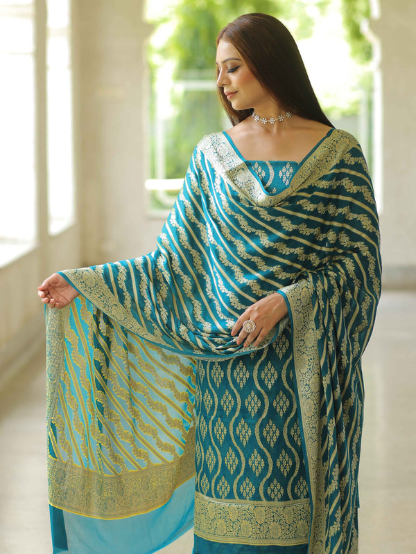 Banarasee Handloom Pure Chiffon Silk Kameez Fabric With Dupatta-Teal Blue