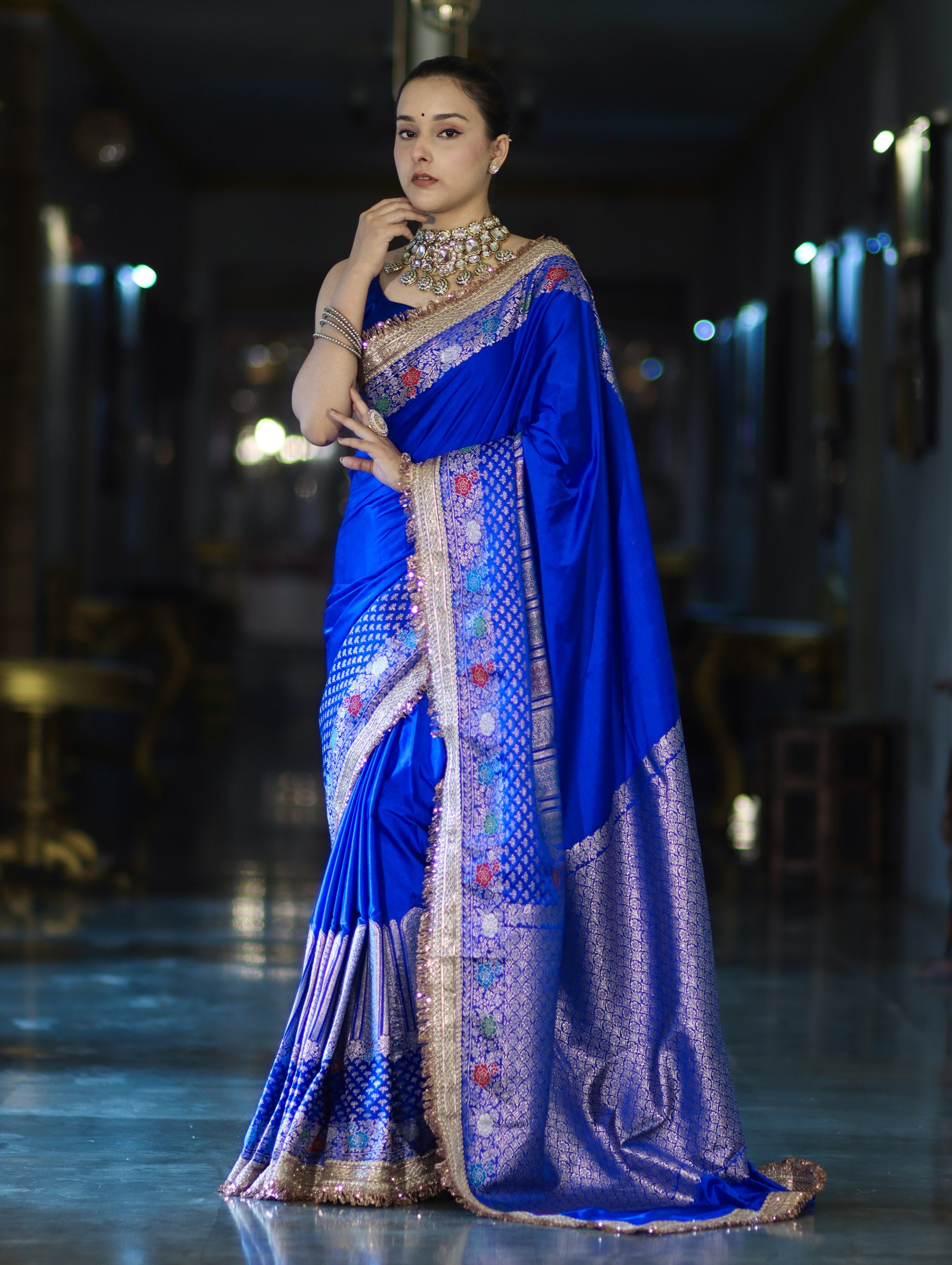 Banarasee Handloom Mashru Silk Saree With Meenadar Skirt Border & Lace-Blue