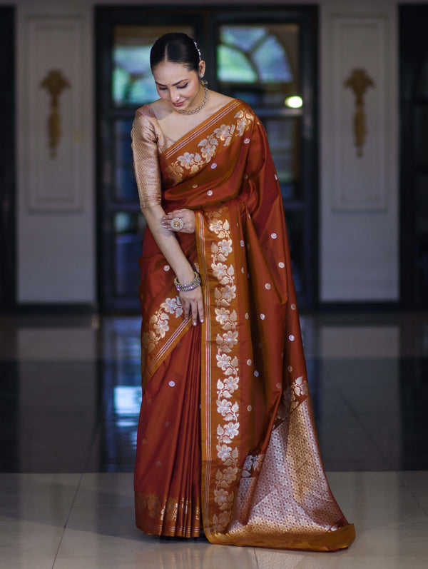 Banarasee Handloom Semi Silk Saree With Sona Rupa Zari Buti Design & Floral Border-Rust (Yellow Tone)