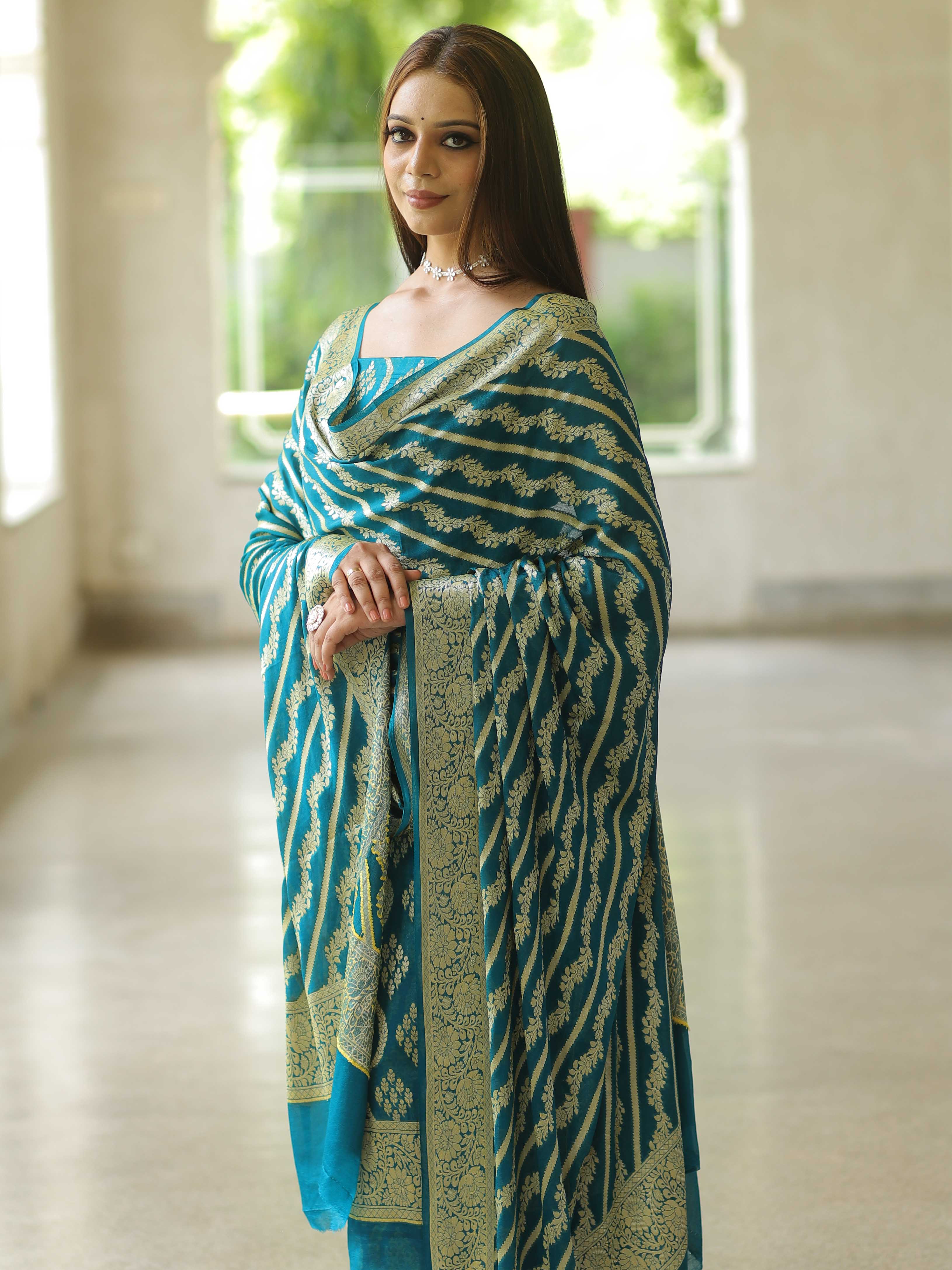Banarasee Handloom Pure Chiffon Silk Kameez Fabric With Dupatta-Teal Blue
