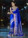 Banarasee Handloom Mashru Silk Saree With Meenadar Skirt Border & Lace-Blue