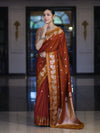 Banarasee Handloom Semi Silk Saree With Sona Rupa Zari Buti Design & Floral Border-Rust (Yellow Tone)