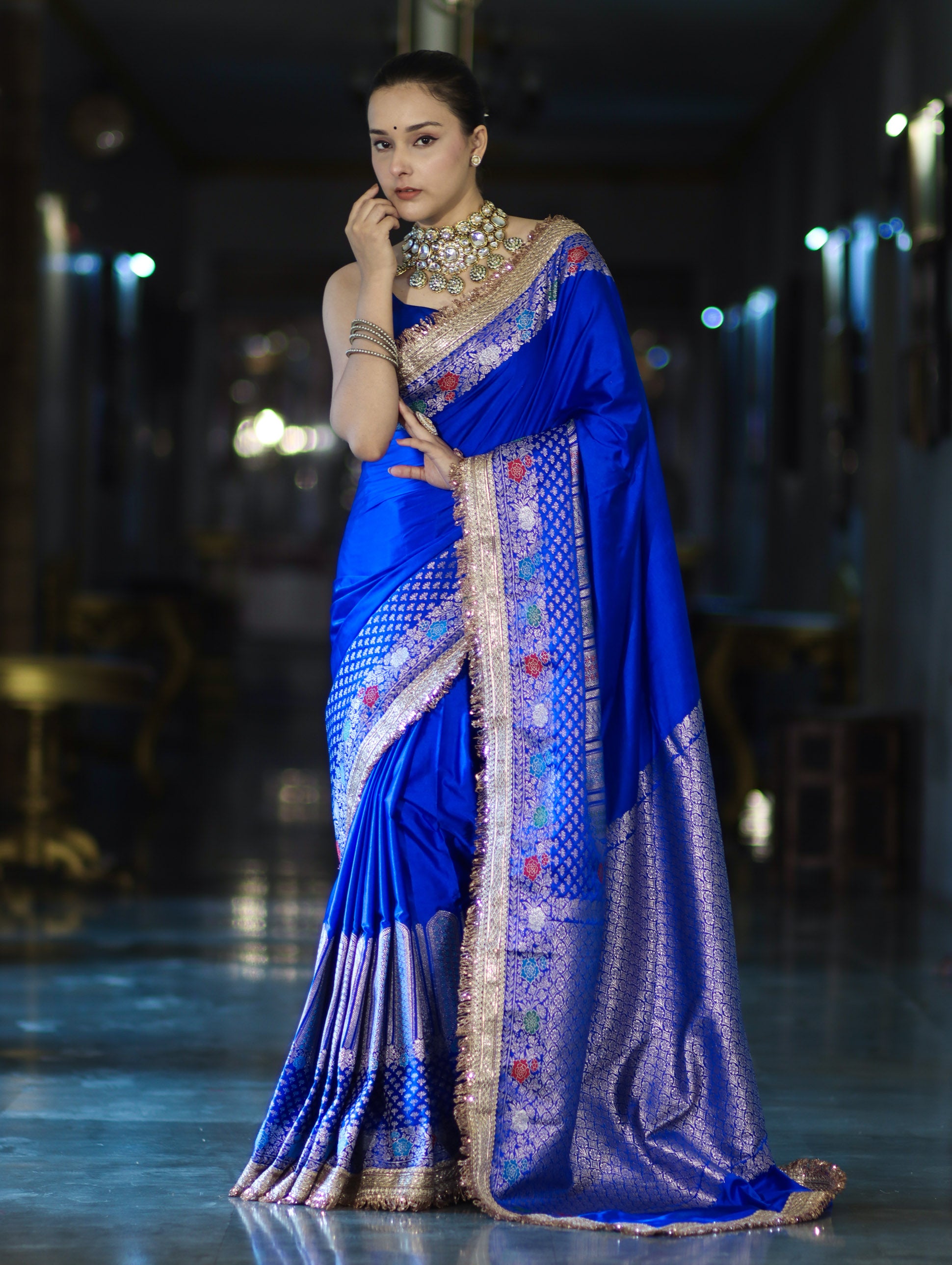 Banarasee Handloom Mashru Silk Saree With Meenadar Skirt Border & Lace-Blue