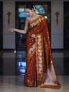 Banarasee Handloom Semi Silk Saree With Sona Rupa Zari Buti Design & Floral Border-Rust (Yellow Tone)