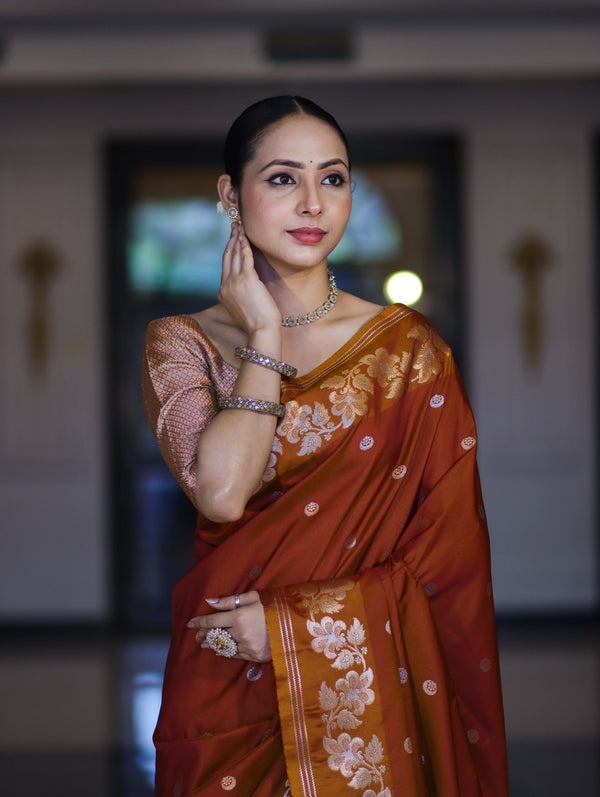 Banarasee Handloom Semi Silk Saree With Sona Rupa Zari Buti Design & Floral Border-Rust (Yellow Tone)