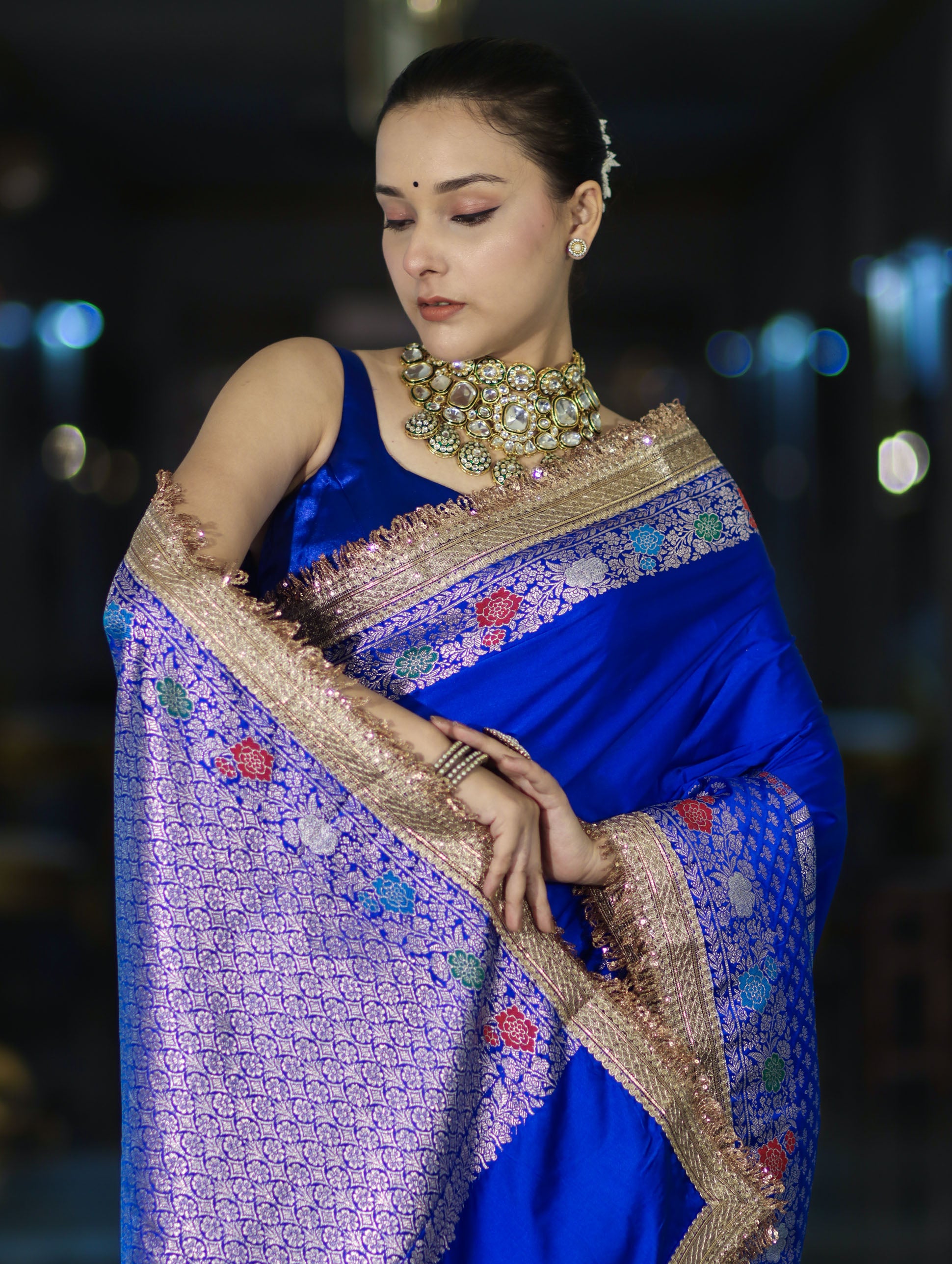 Banarasee Handloom Mashru Silk Saree With Meenadar Skirt Border & Lace-Blue