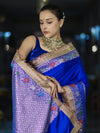 Banarasee Handloom Mashru Silk Saree With Meenadar Skirt Border & Lace-Blue